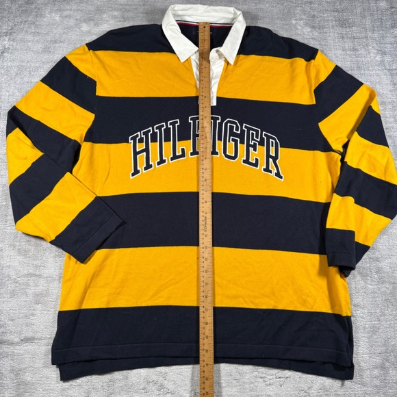 Tommy Hilfiger Shirt Mens Large Yellow Striped Long Sleeve Rugby Polo Spell Out - Picture 9 of 12